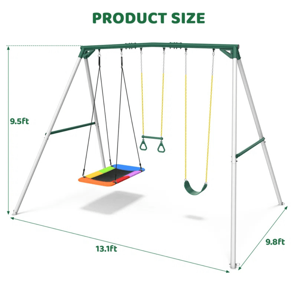 4-42-1 9.5′ Heavy Duty Metal Swing Set with Belt Swing, Trapeze Bar - Image 1
