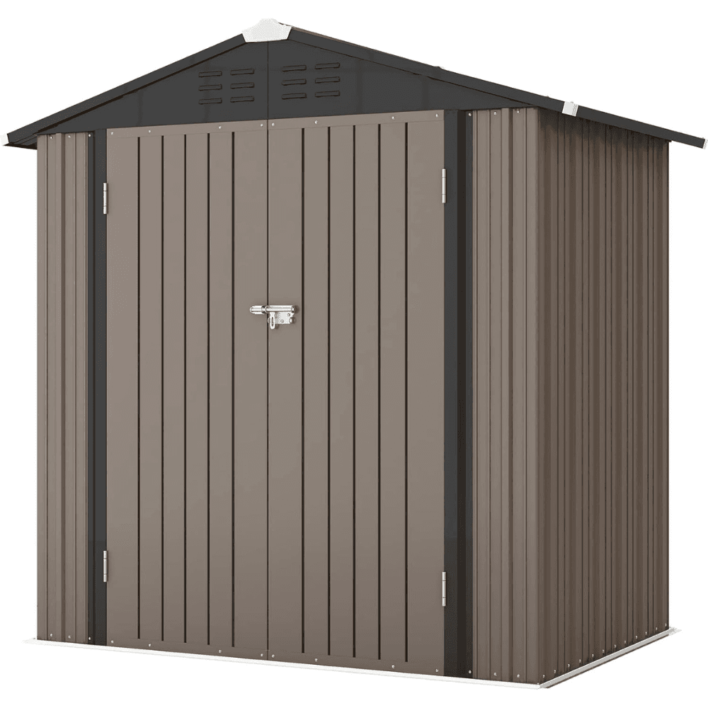 7-29 6 ft. W x 4 ft. D Outdoor Storage Brown Metal Shed with Sloping Roof and Double Lockable Door (24.8 sq. ft.) - Image 1